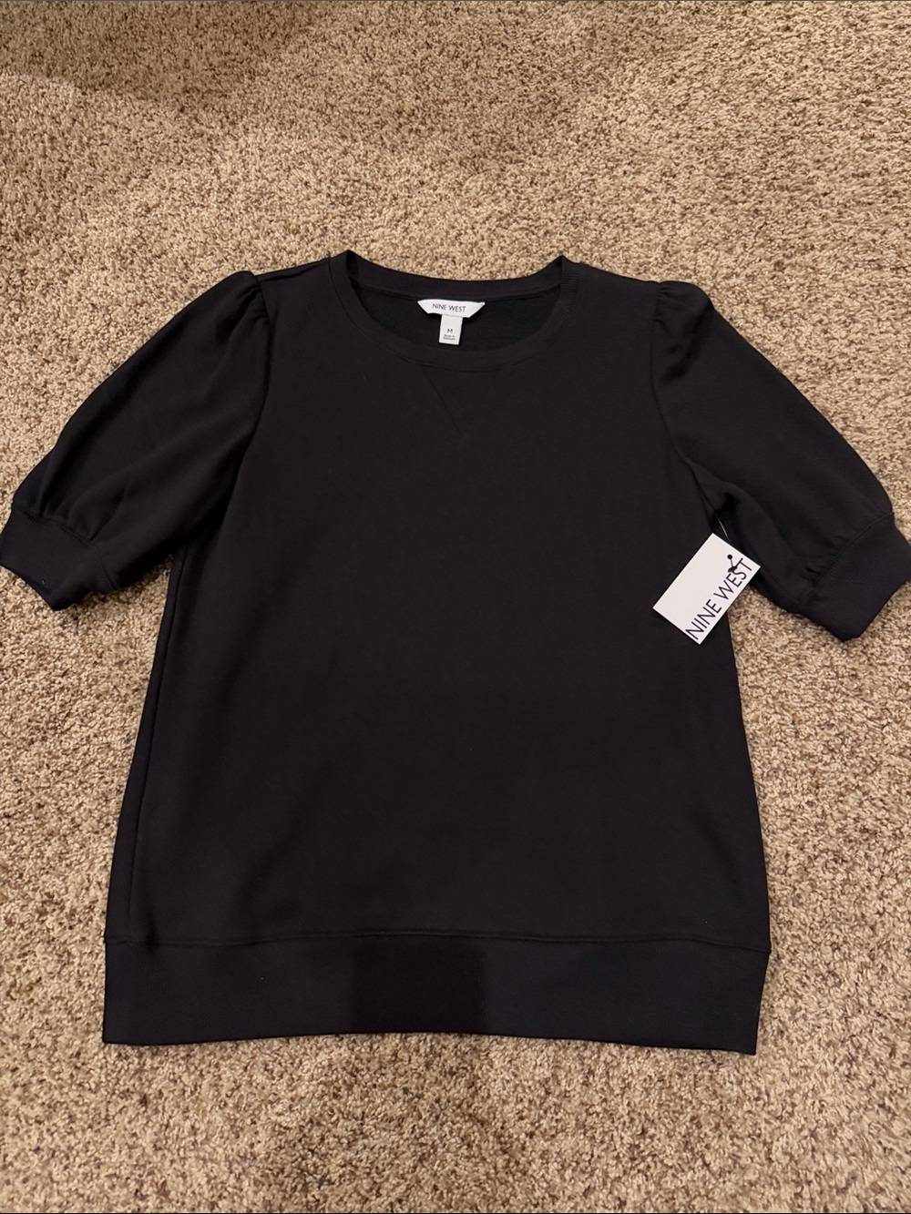 Nine West Black Puff Sleeve Crewneck Top